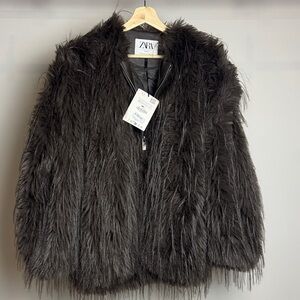 Zara Studio Brown Shaggy Faux Fur Zip Jacket women’s size XS-S